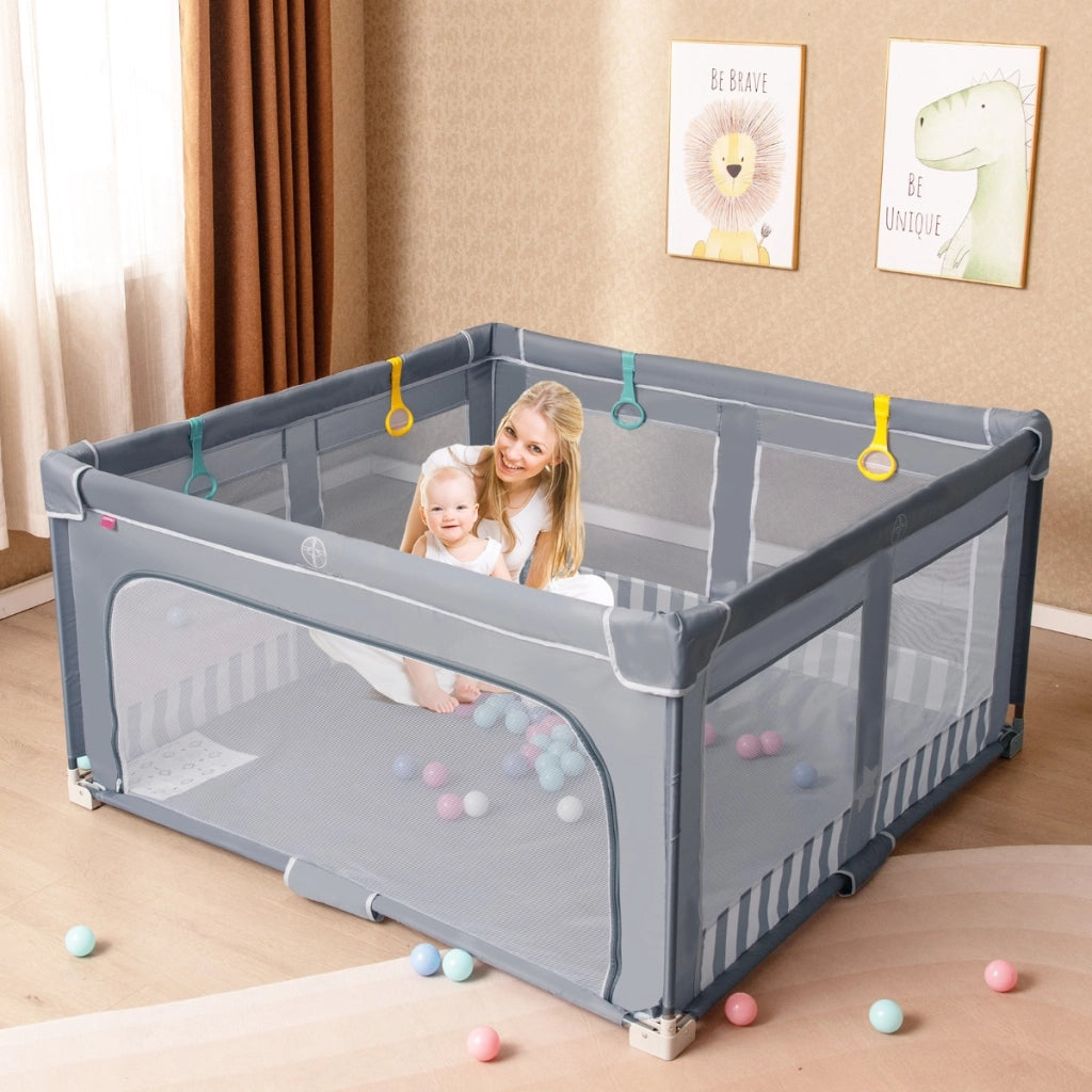 Box per bambini 150 x 150 cm senza montaggio, Recinto pieghevole per bambini con cancello con cerniera Grigio-Cancelletti di sicurezza