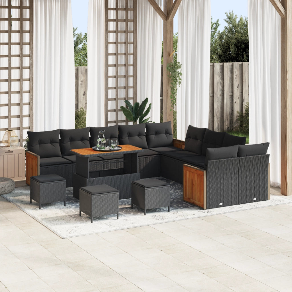 Set da Giardino  14 Pezzi con Cuscini Nero Polyrattan Acacia