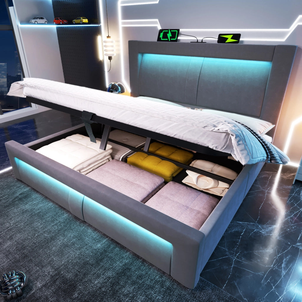 Letto matrimoniale 160x200 cm con contenitore; LED; ricarica USB e Type-C; velluto grigio
