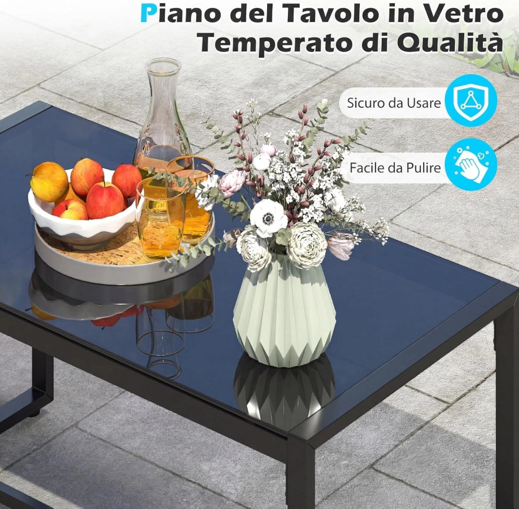 Set Salotto da Giardino a 4 Pezzi, Divanetto in Rattan con 2 Poltrone Ergonomiche e Tavolino con Piano in Vetro Temperato, Set Mobili da Esterno con Cuscini per Balcone e Patio (Grigio)