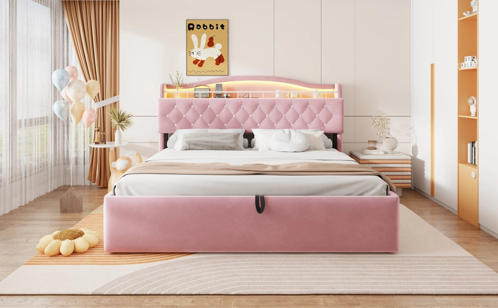 DESMIU Letto contenitore 180 × 200 cm 2 posti con vano idraulico, USB, USB-C e senza materasso, rosa