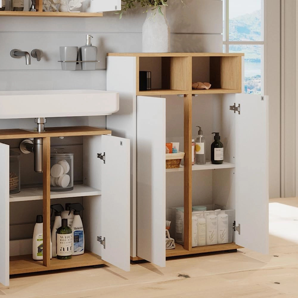 Mobiletto bagno Didi, Bianco/Artisan, 60 x 97 cm con 2 porte, per la conservazione di articoli da bagno e prodotti per la cura personale