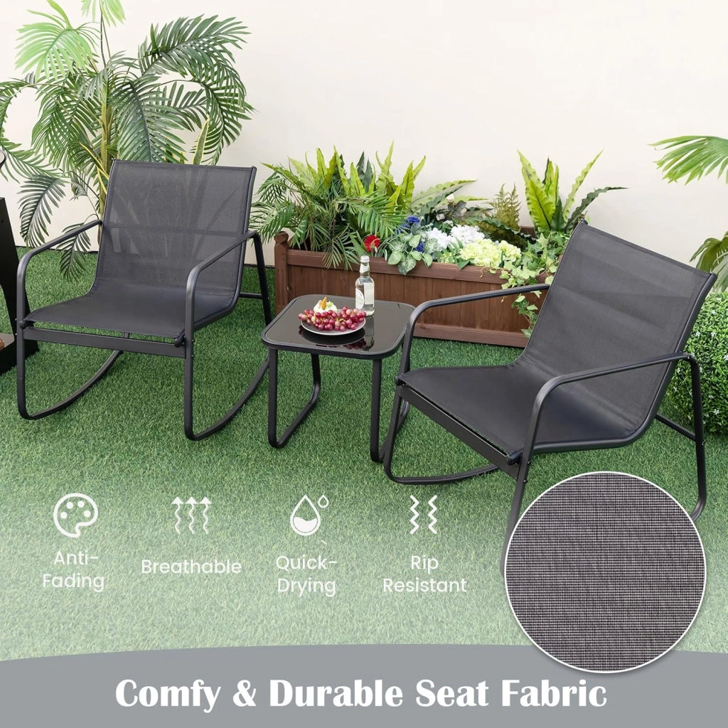 Set da Bistrò in Tessuto Textilene, Set da Giardino in 3 Pezzi, Tavolo Portato 50 kg, 2 Sedie a Dondolo Portate 150 kg, Set Tavolo e Sedie da Esterno, Nero (Nero)