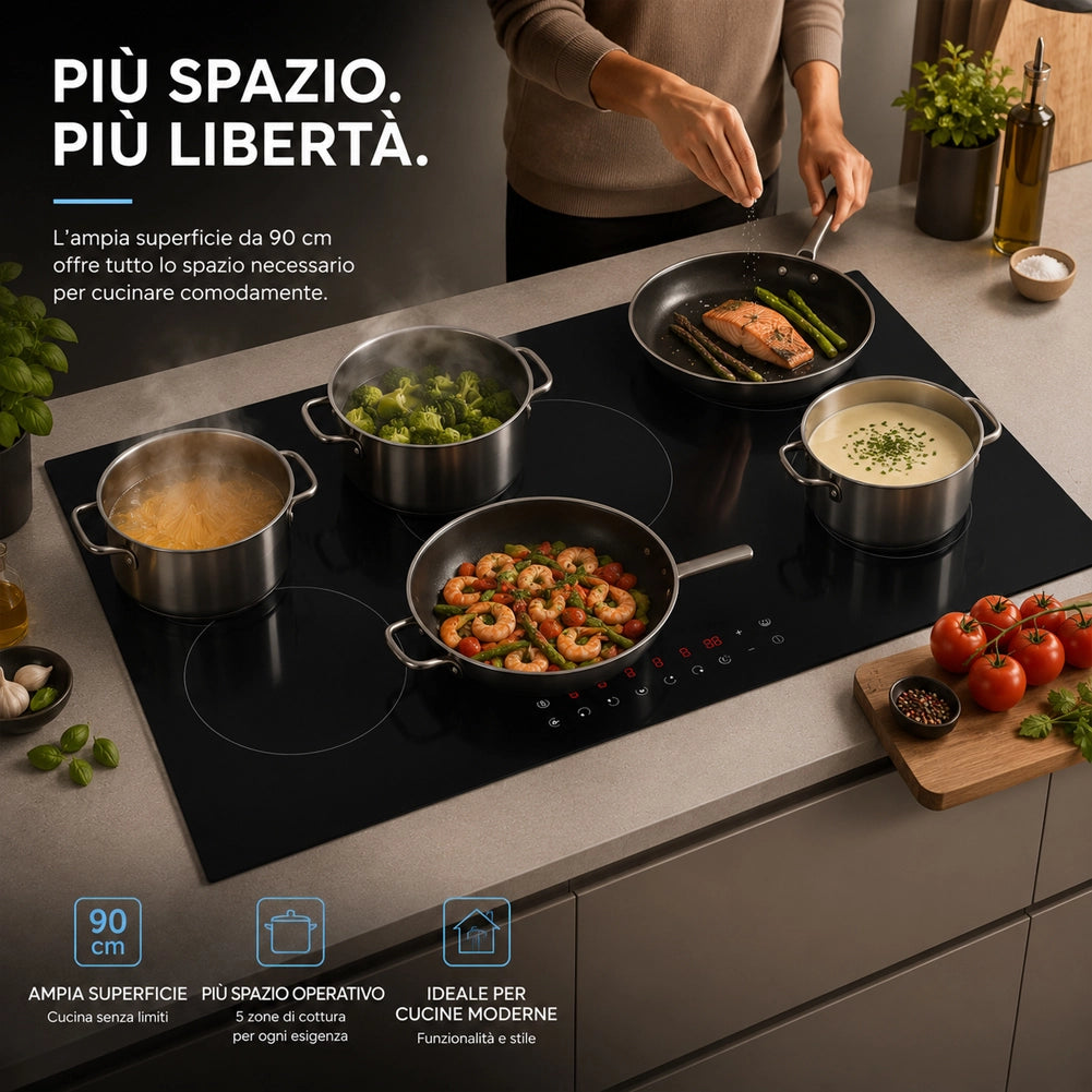 Piano Cottura a Induzione 90 cm in Vetroceramica Nero Controllo Touch 5 Fornelli