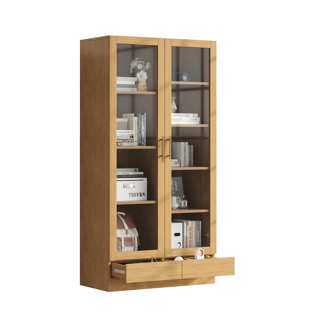 Vetrina multifunzione in legno naturale con ante in vetro temperato, cassetto push-to-open, 80 x 40 x 160 cm