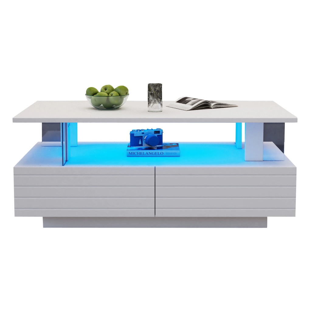 Tavolino da caffè LED con 2 cassetti e ripiano aperto; 100 x 50 x 42 cm; bianco