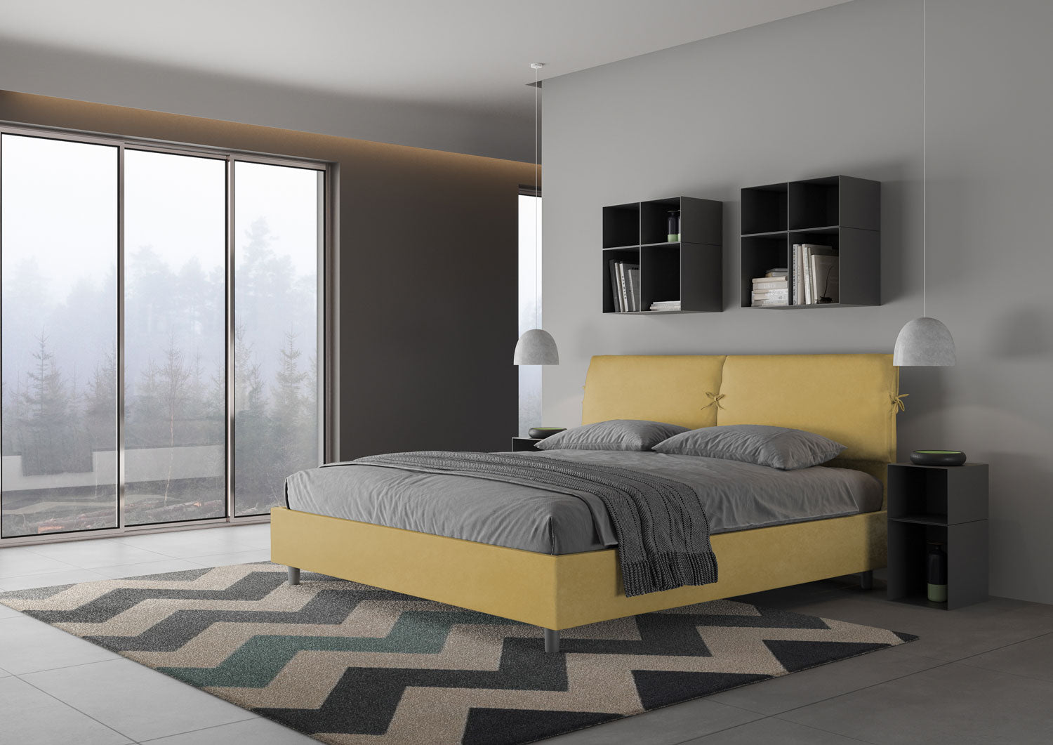 Letto Matrimoniale King Size 200x200 cm con Rete e Contenitore Testata con Cuscini Imbottito in Microfibra Mados Ocra