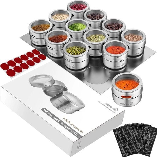 12 pezzi di contenitori di erbe magnetici in acciaio inox per frigorifero - 100ml - per BBQ - contenitori di erbe magnetici con coperchi