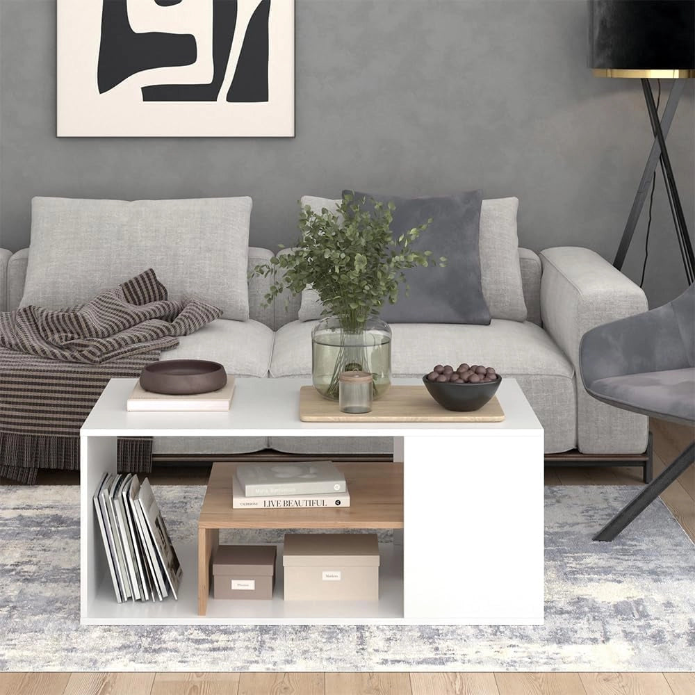Tavolino da salotto Edgar, Rovere bianco/dorato, 110 x 59 cm, con ulteriore ripiano sotto il piano del tavolo