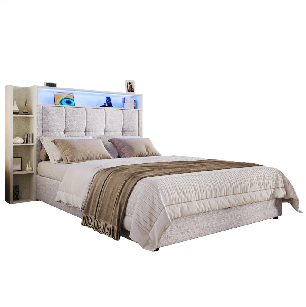 Letto imbottito 90x200 cm con contenitore; USB e LED in lino beige