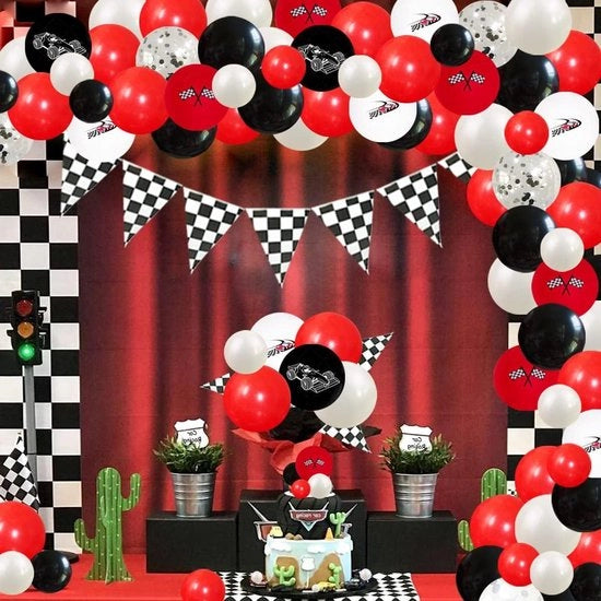 Decorazioni di Compleanno Tema Auto da Corsa - Kit di Bandiera e Balloongarland - Nero e Rosso Auto da Corsa - Decorazioni per 1° e 2° Compleanno