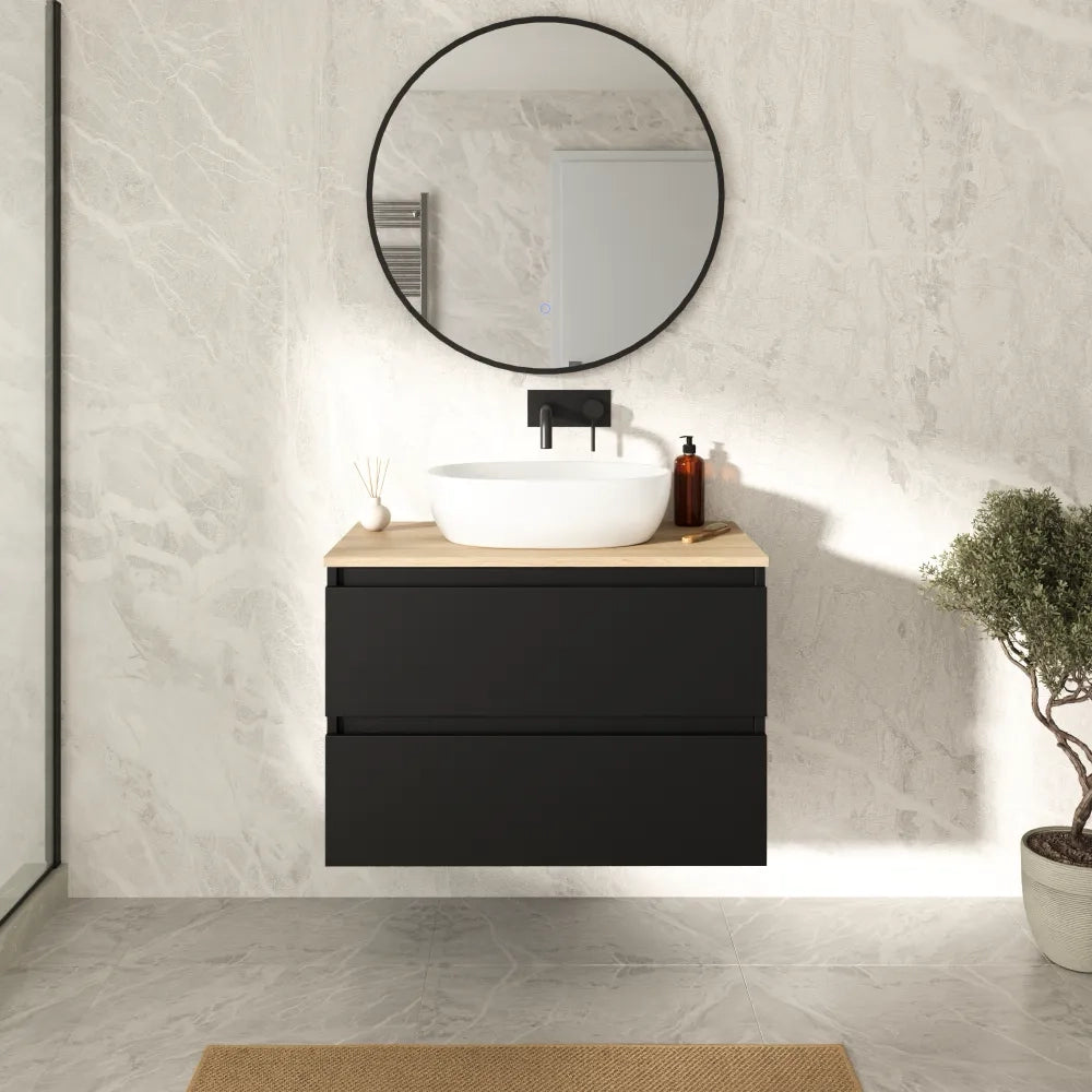 Mobile bagno sospeso 70cm due cassetti nero opaco con top rovere chiaro | Hexa