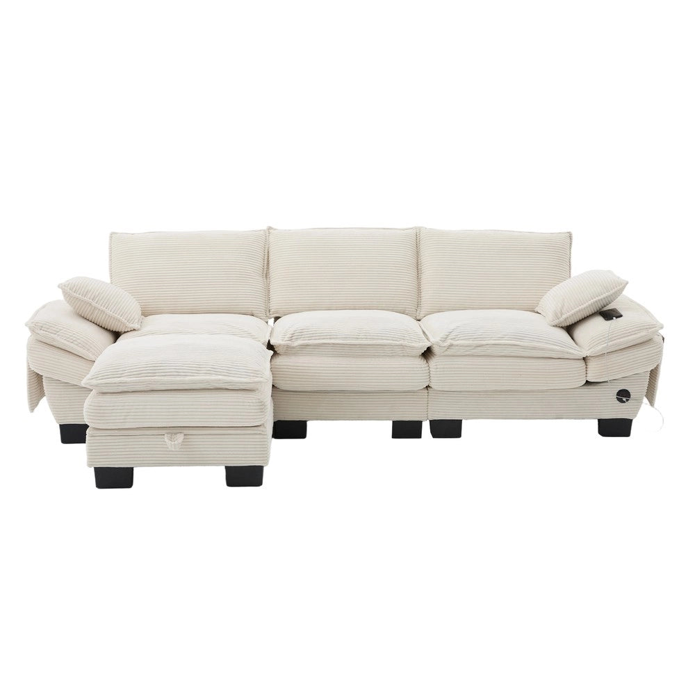 Divano 3 Posti con Poggiapiedi in Tessuto ¨C Xylo ¨C Beige, Cuscini, USB