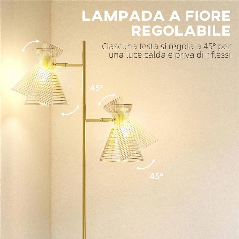 LAMPADA DA TERRA MODERNA CON 2 LUCI E TESTE REGOLABILI, INTERRUTTORE A PEDALE, ORO
