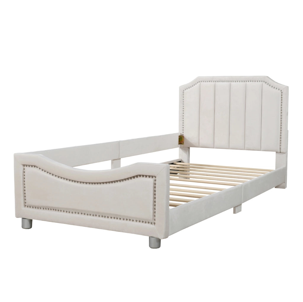 Letto imbottito per bambini 211x94;5x41;5 cm in flanella beige con rete a doghe