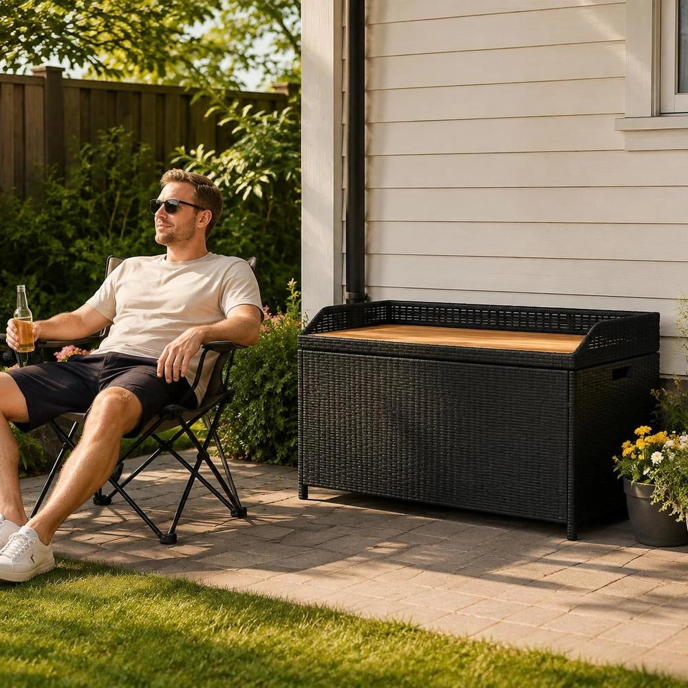 Storage Bench, Black, 100x50x52 Cm, Poly Rattan, Acacia Wood