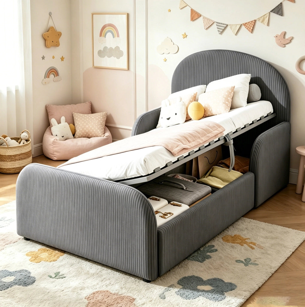 Letto imbottito per bambini con contenitore idraulico 90x200 cm in velluto grigio