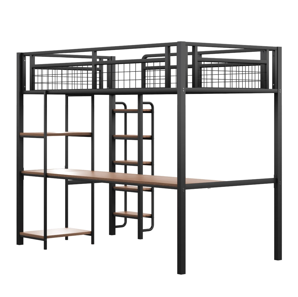 Letto a soppalco 90x200 cm con tavolo e ripiani; scala di sicurezza in metallo nero