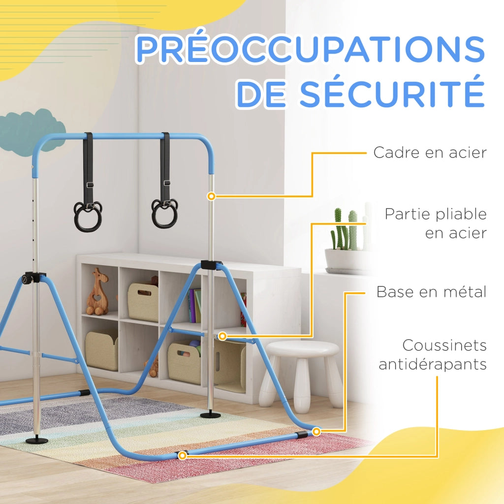 Sbarra da ginnastica per bambini ¨C Xylo ¨C pieghevole regolabile con anelli blu