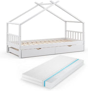 Letto da casa Design, Bianco, 90x200 cm con letto per ospiti e materasso, con sponda anticaduta e rete a doghe per un sonno sicuro