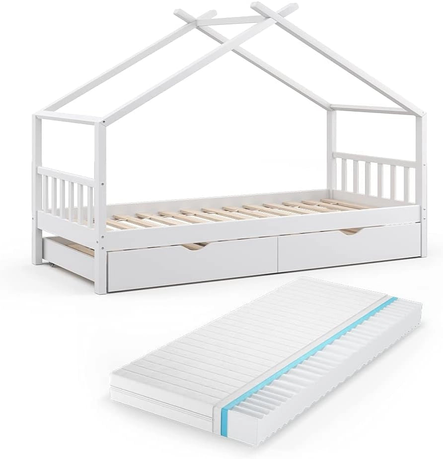 Letto da casa Design, Bianco, 90x200 cm con letto per ospiti e materasso, con sponda anticaduta e rete a doghe per un sonno sicuro