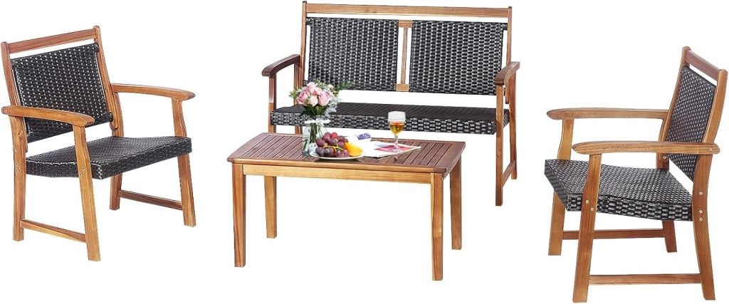 4 Pezzi Set Mobili da Esterno in Legno di Acacia, Set di Tavolino e Sedie con Seduta e Schienale in Rattan, Set Salotto per Giardino Patio e Terrazza