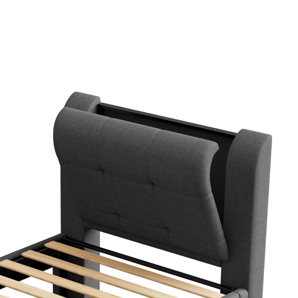 Letto imbottito 90x200 cm con letto estraibile - Zephmum - Grigio, illuminazione LED
