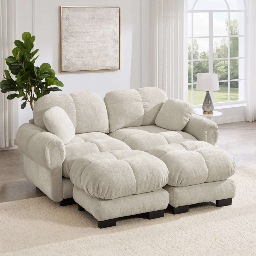 Divano modulare 2 posti con cuscini trapuntati e pouf mobile per soggiorno in ciniglia beige chiaro