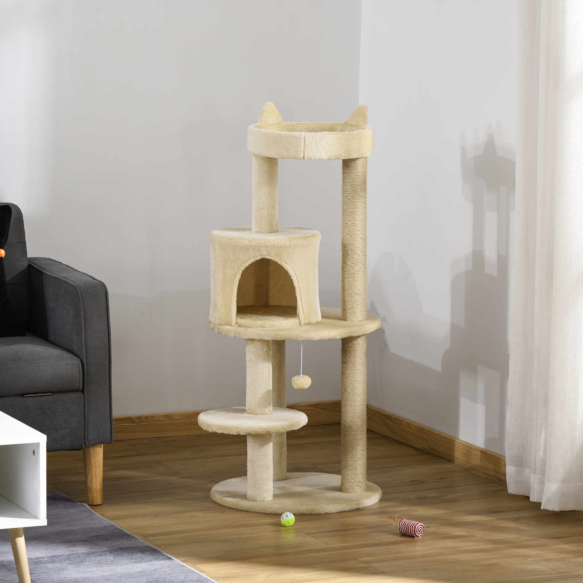Albero Tiragraffi per Gatti con Cuccia e Piattaforma 104H cm Rivestimento in Sisal e Peluche Bianco Crema