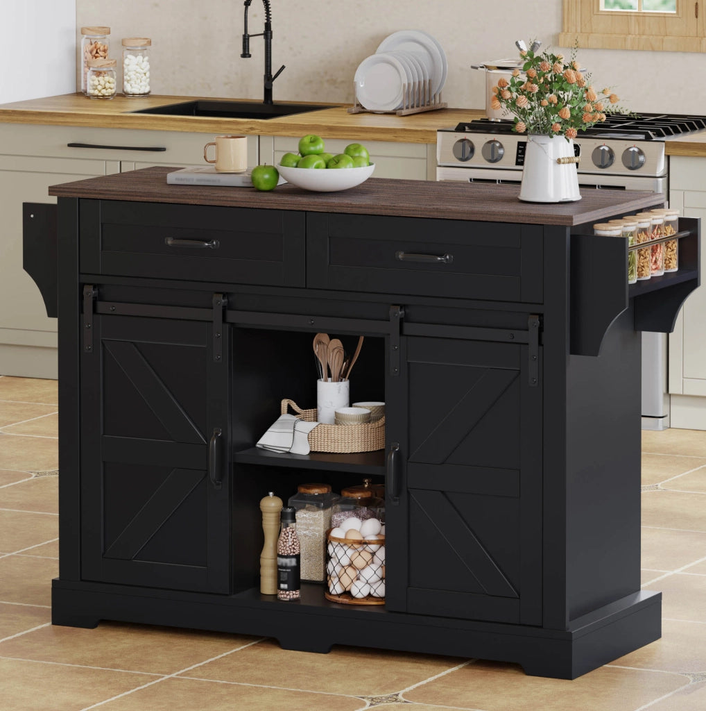 Isola cucina con piano ribaltabile e 2 ante scorrevoli; 120x45(70)x91 cm; nero; MDF