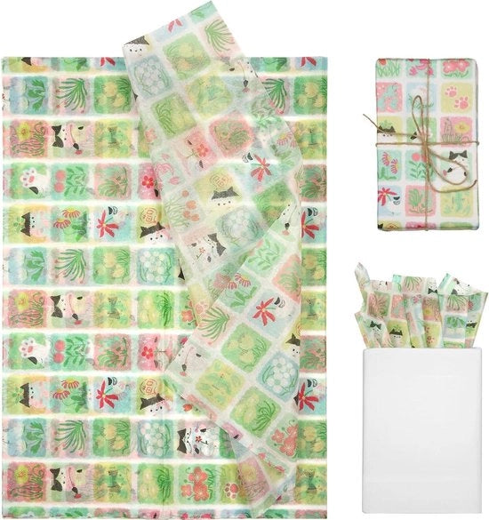 Papier per confezionamento 50x35cm, 30 vel, tema gatto verde per feste di compleanno e baby shower