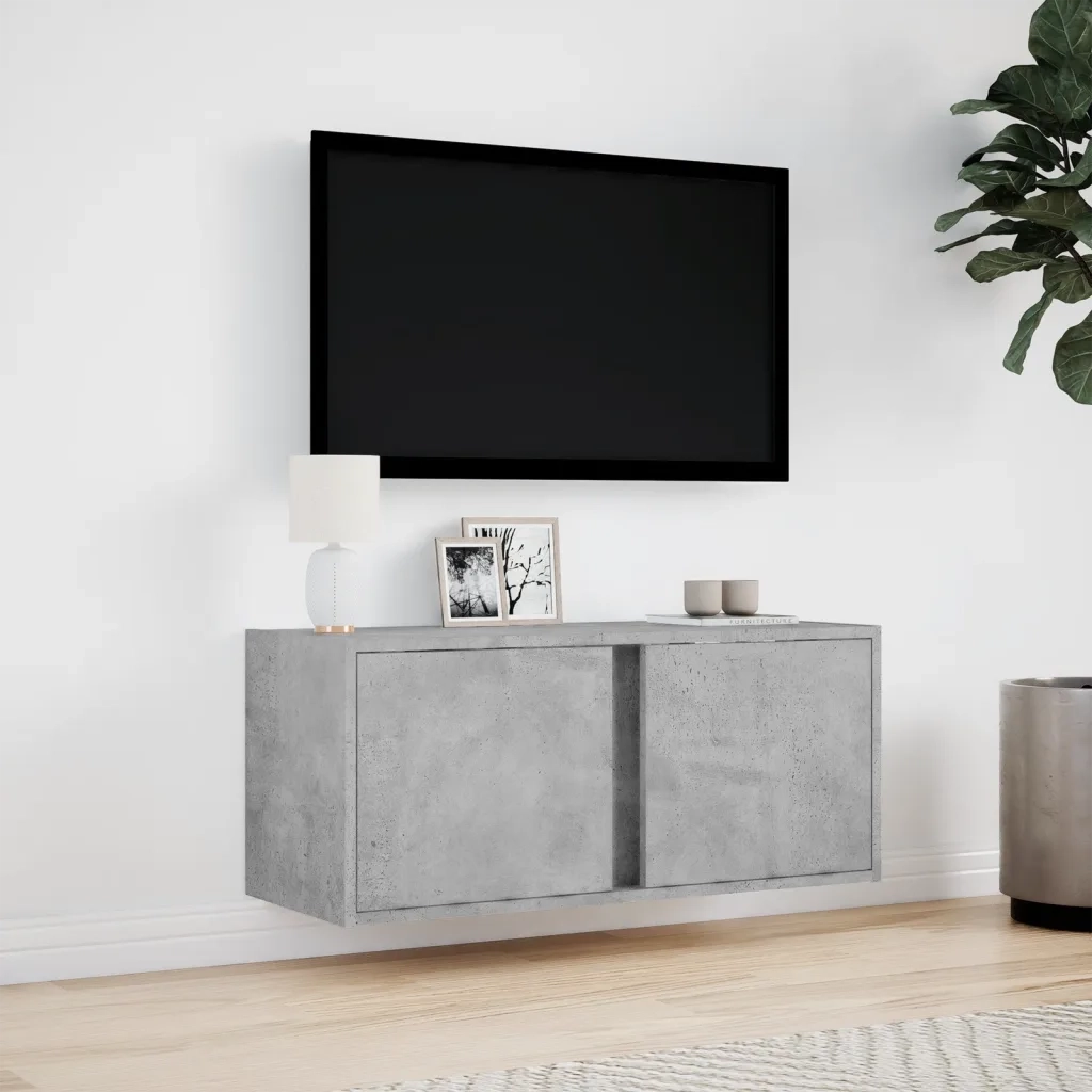Mobile TV a Parete con Luci LED Grigio Cemento 80x31x35 cm
