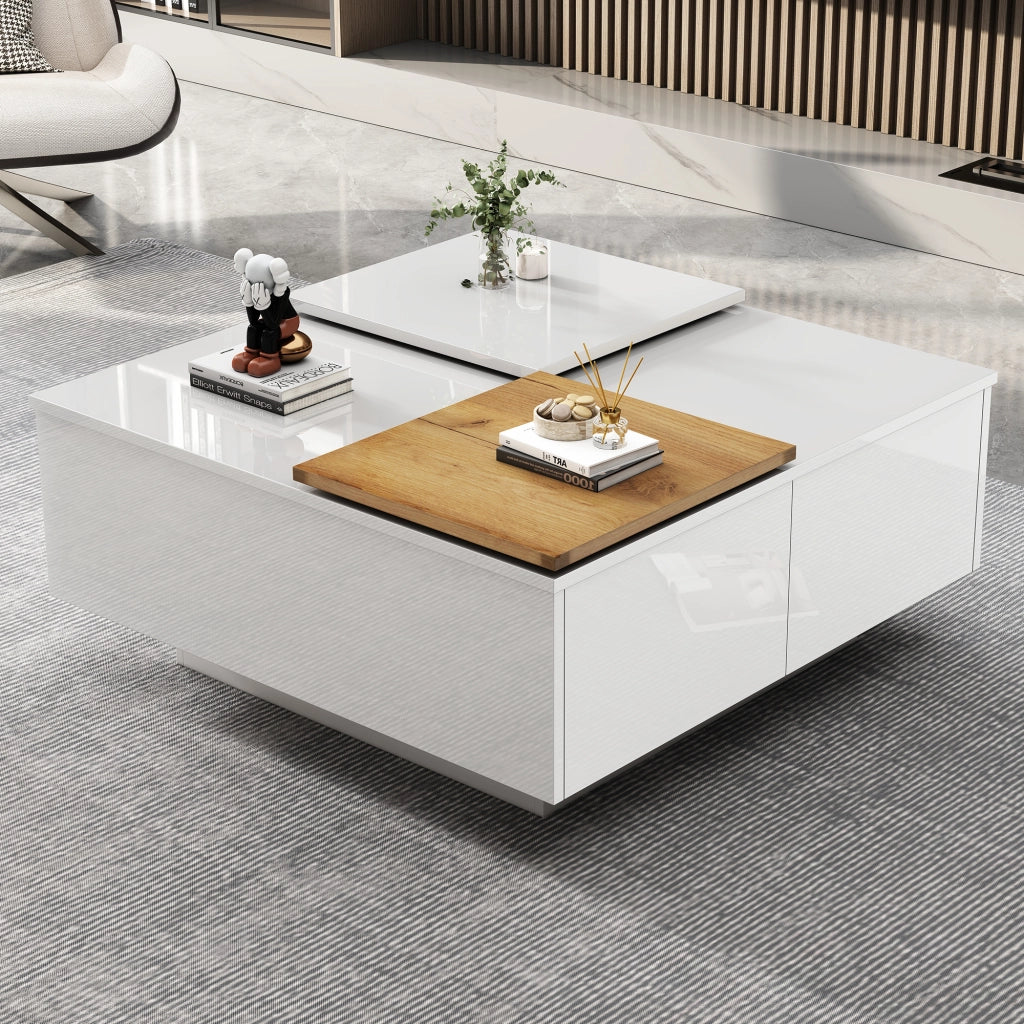 Tavolino basso quadrato con 4 cassetti, finitura lucida, per soggiorno, in truciolare bianco, 75 × 75 × 33,5 cm