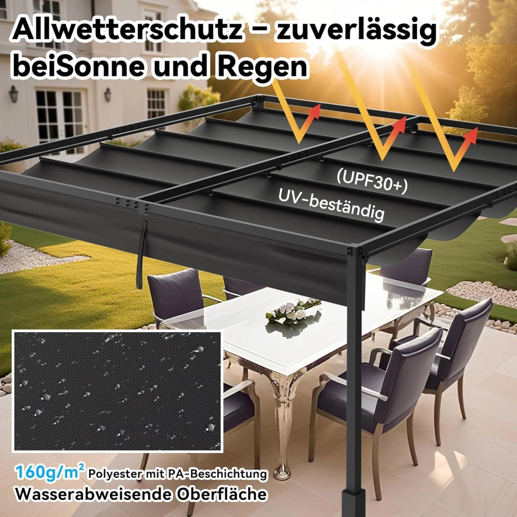 Pergola 3x3m, baldacchino impermeabile, stabile invernale, gazebo con ombreggiatura regolabile, protezione solare per giardino, terrazza e balcone, nero