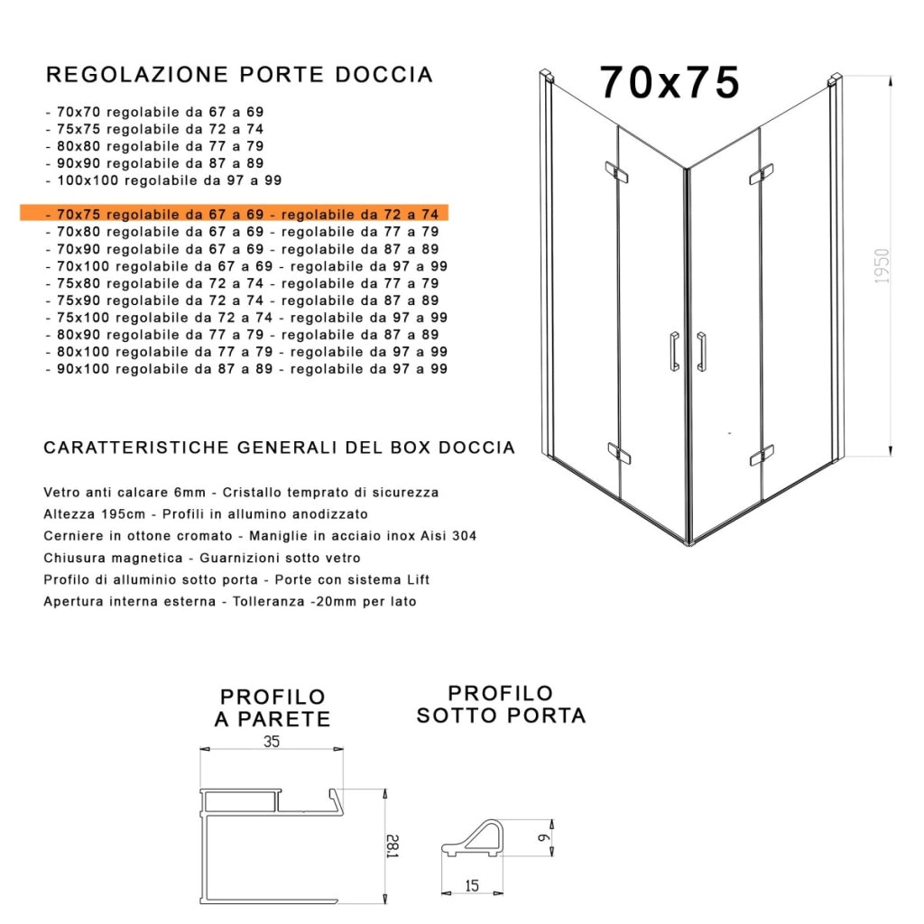 Box doccia 2 lati a soffietto trasparente senza profili 6mm h195 anticalcare rea, misura 70x75