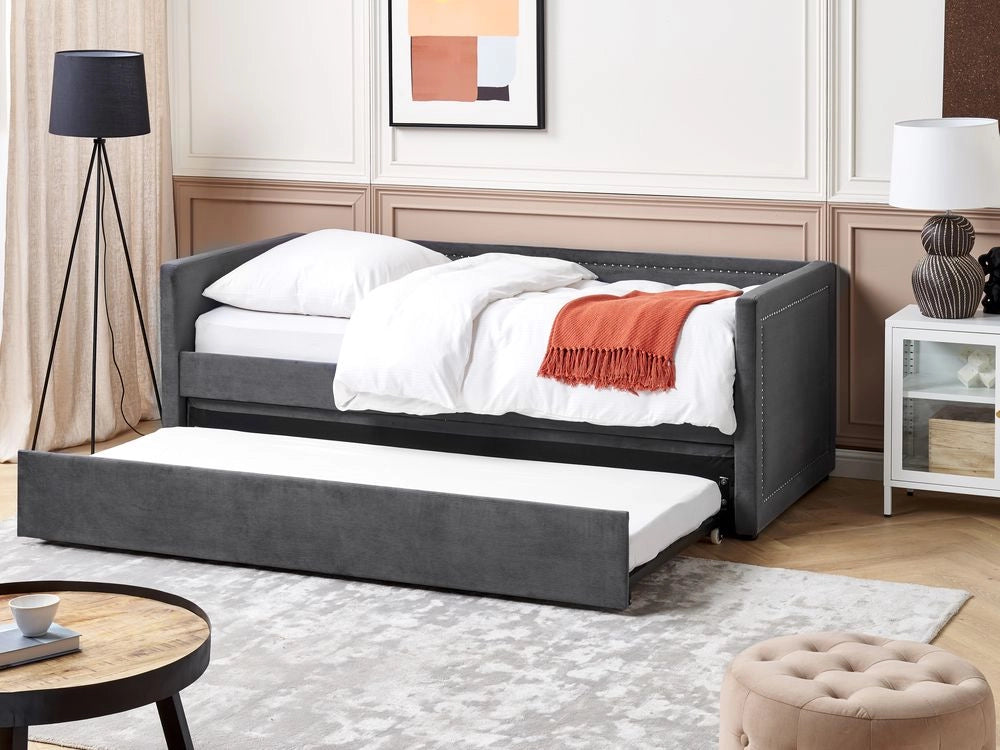 Letto da giorno estraibile velluto a coste grigio scuro 90 x 200 con rete a doghe e testiera con chiodini