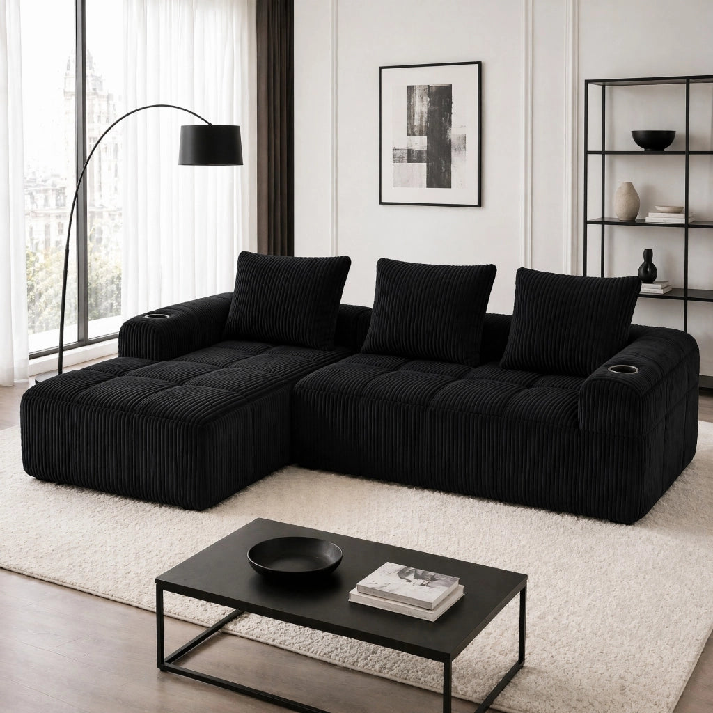 SOFA Modulare in tessuto corduroy 253x158x61 cm Nero con 3 cuscini