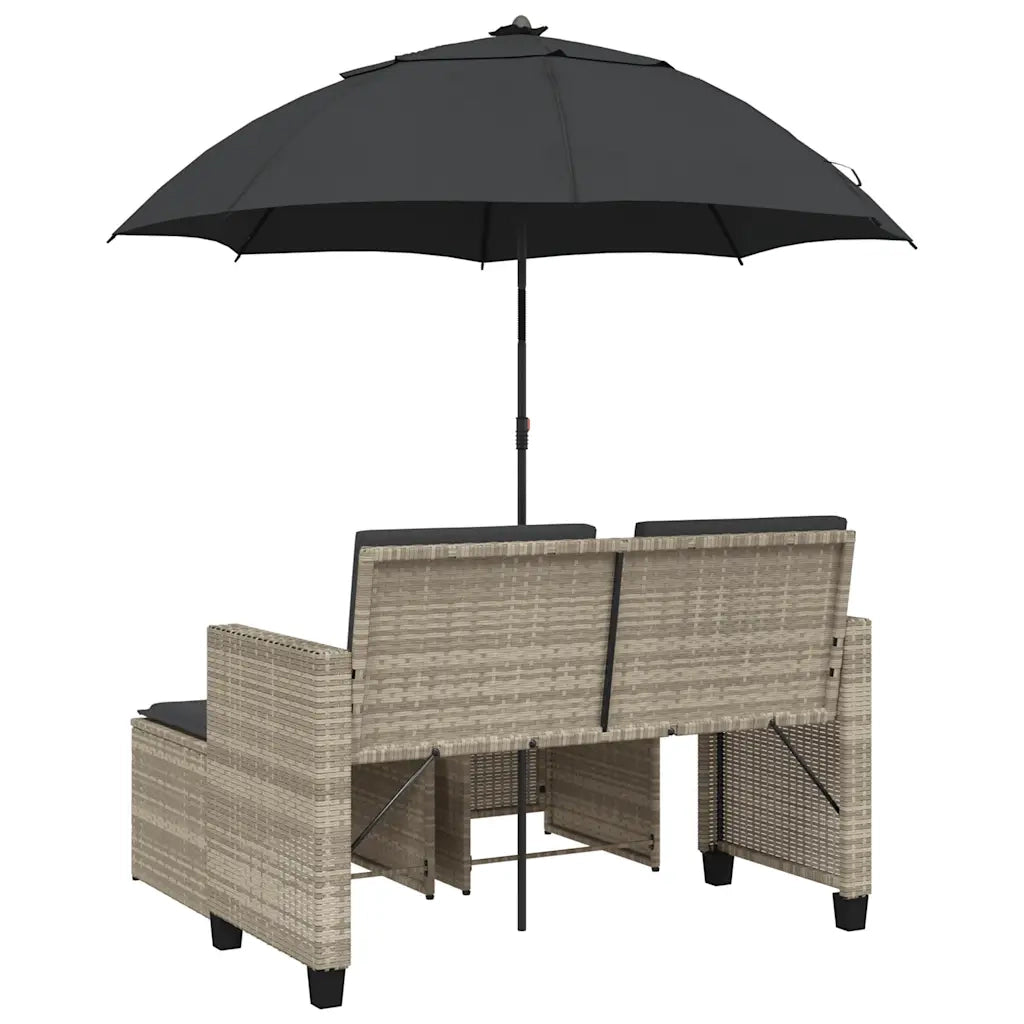 Divano 2 Posti-Sofa 2 Posti Ombrellone e Sgabelli Grigio Chiaro Polyrattan