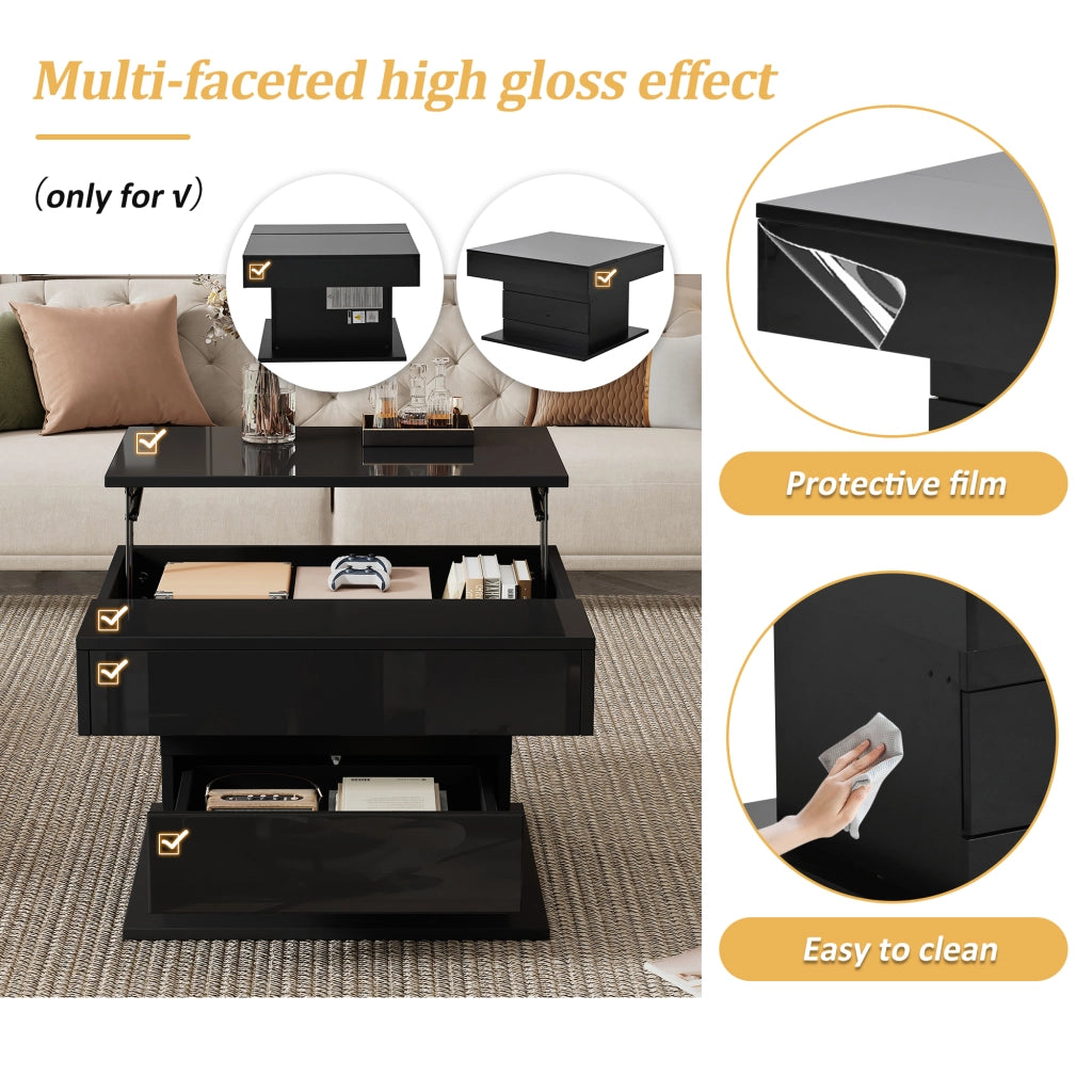 Tavolino da caffè con 1 cassetto; piano alzabile e rotante - per soggiorno - in truciolare - 70x70x45 cm - nero