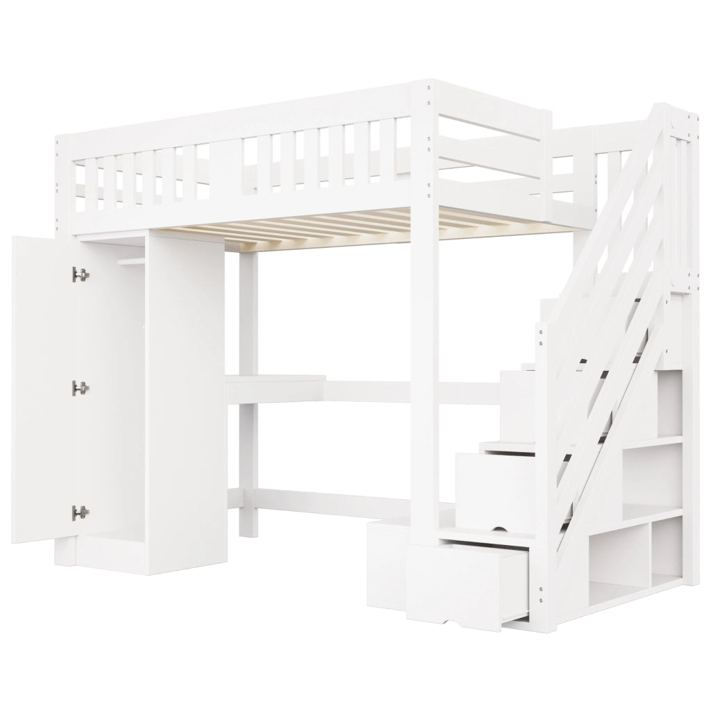 Letto a soppalco matrimoniale 140×200 cm con scala contenitore; scrivania; LED; armadio e banco; senza materasso; bianco
