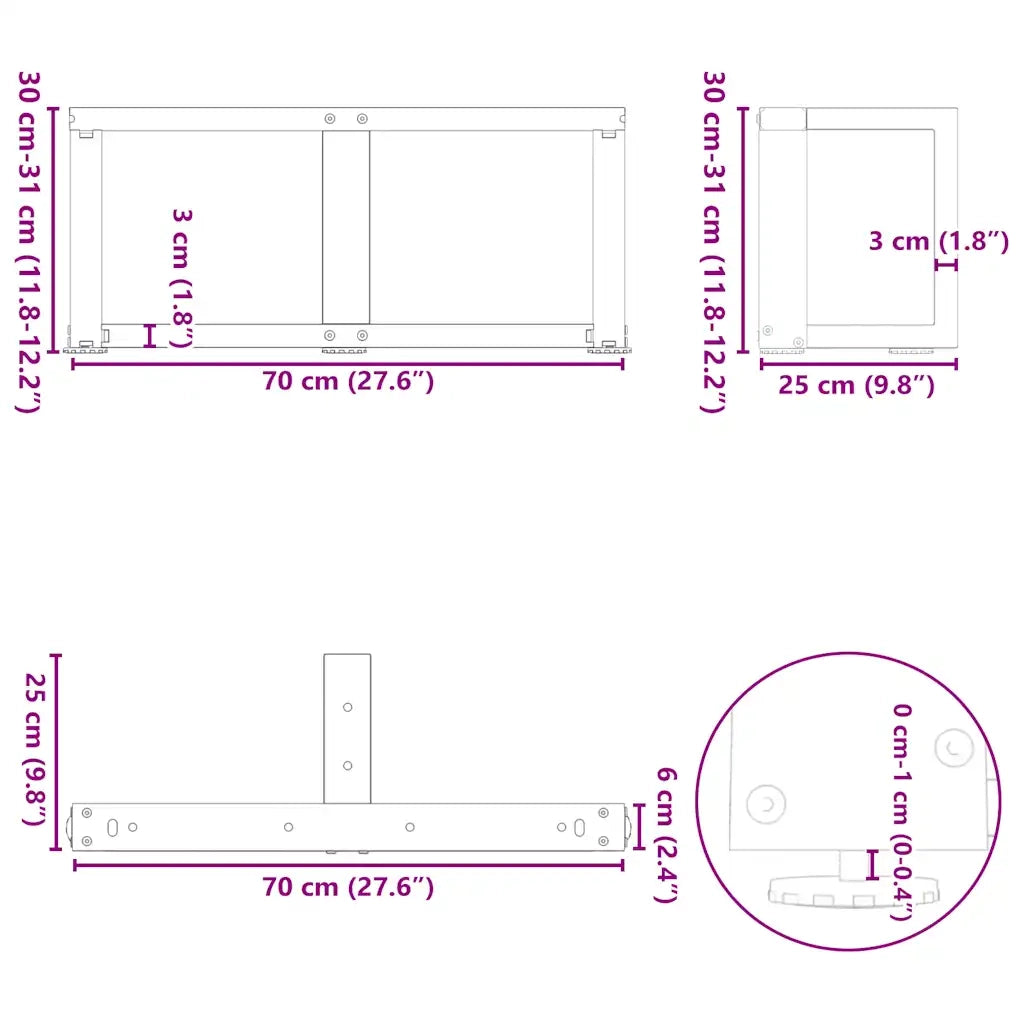 Gambe per Tavolino da Caffè a Forma di T 2 pz Bianche 70x25x(30-31) cm Acciaio 4013017