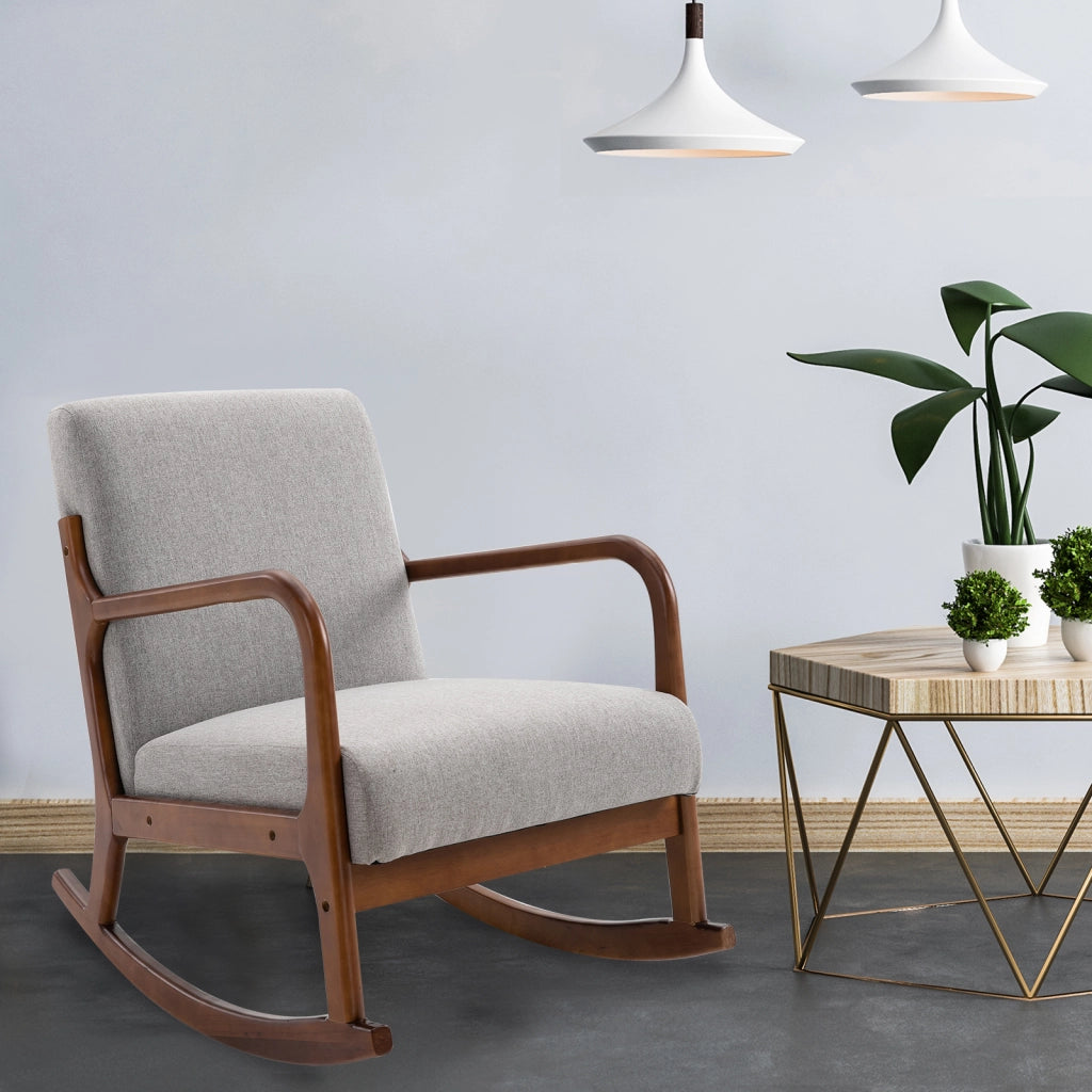 Poltrona Imbottita a Dondolo in Legno e Tessuto Grigio ¨C Zephmum ¨C 64x86x80cm