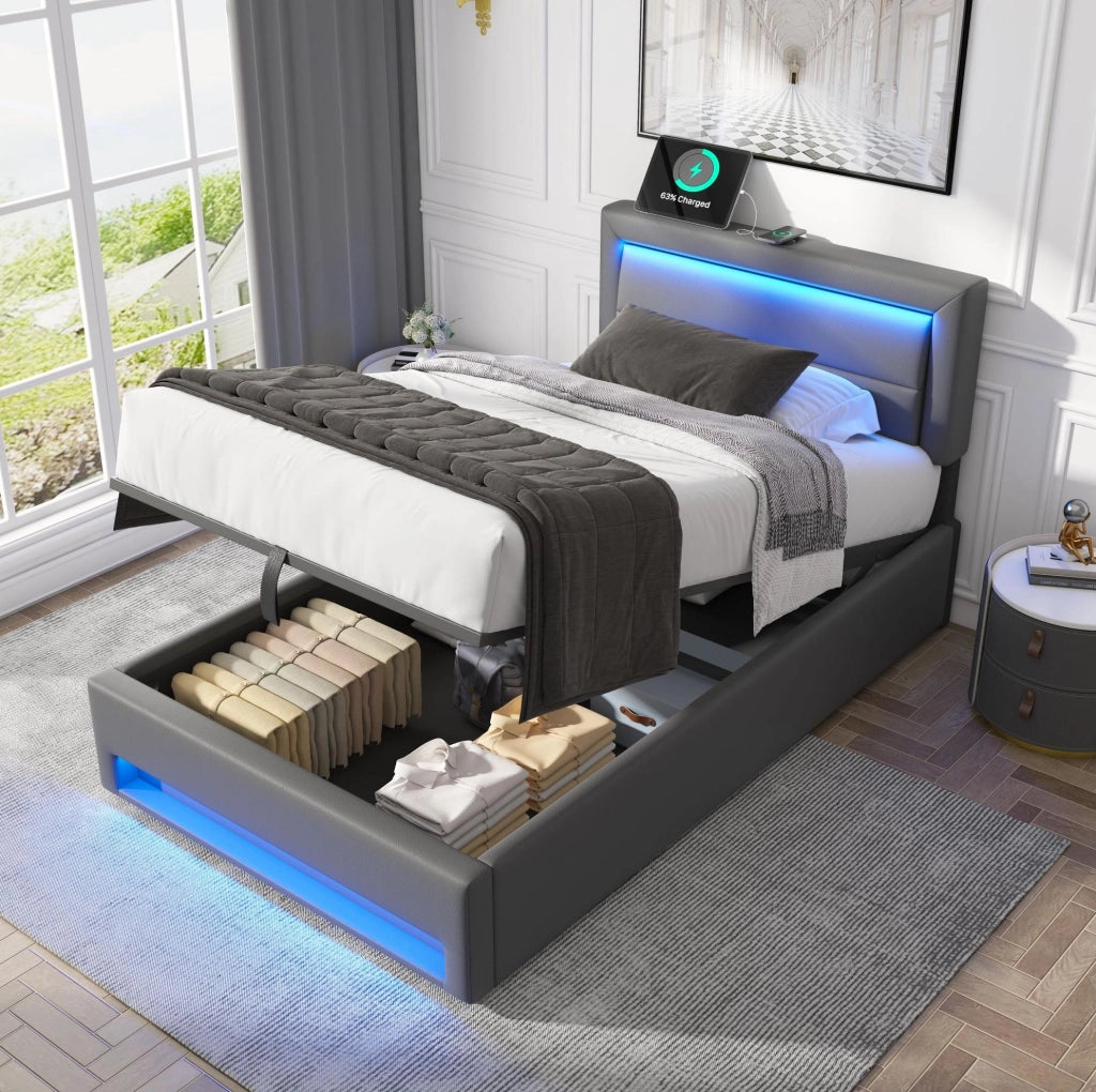Letto imbottito 90x190 cm in PU grigio con LED e ricarica USB