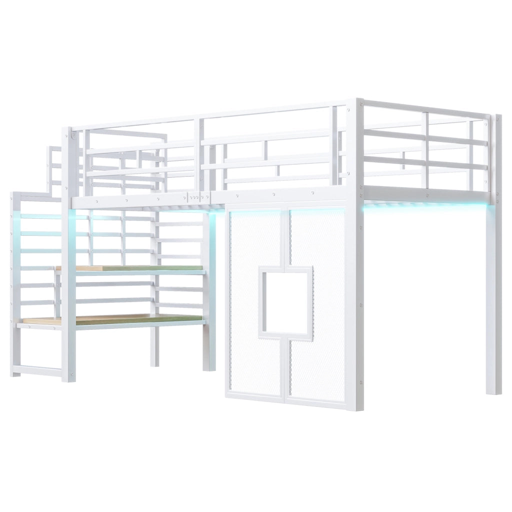 LETTO A SOPPALCO 90x200 cm in metallo bianco con scala e LED
