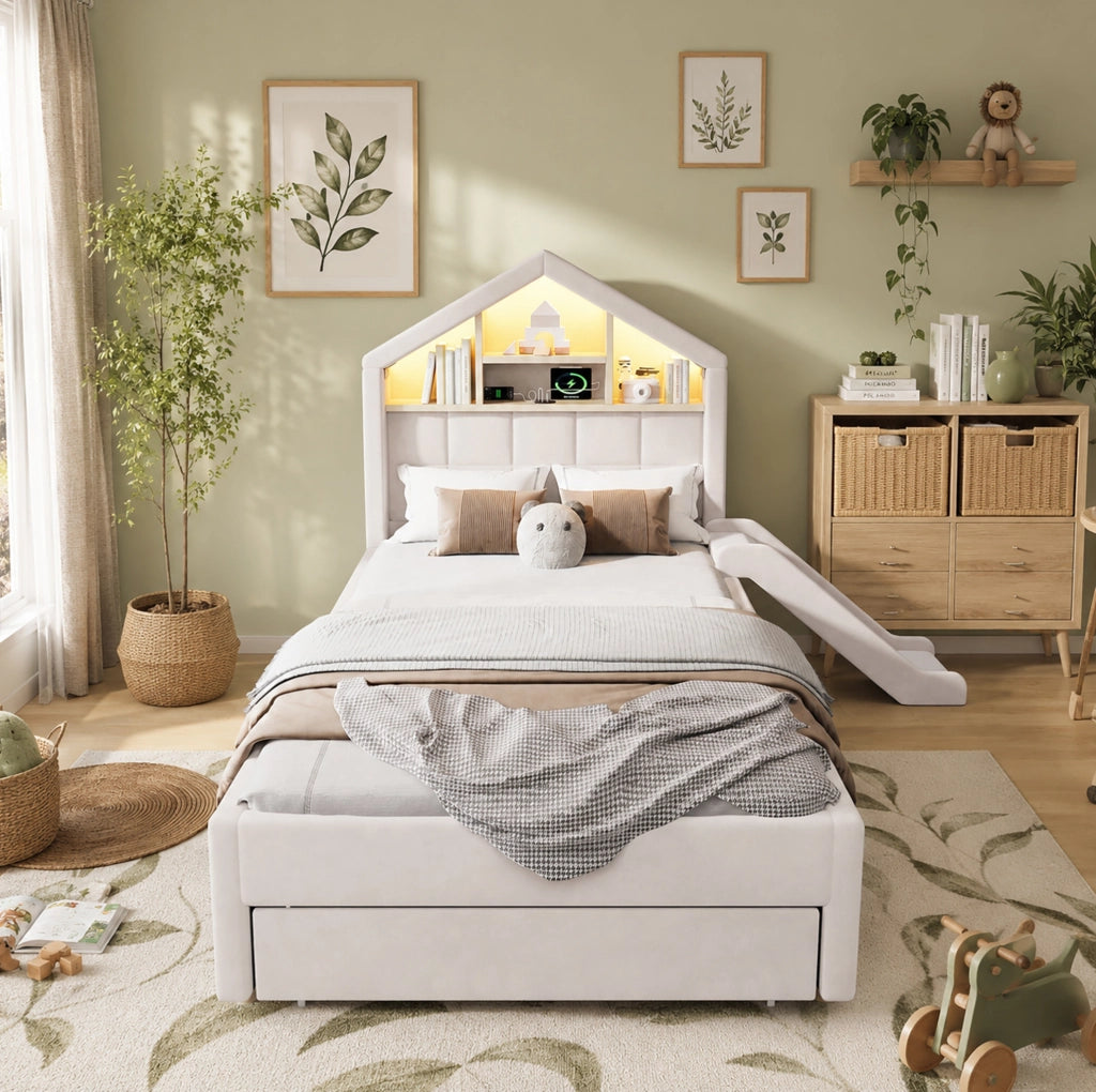 LETTO Bambini Imbottito 90x200 cm Beige con Scivolo, LED e Porta di Ricarica