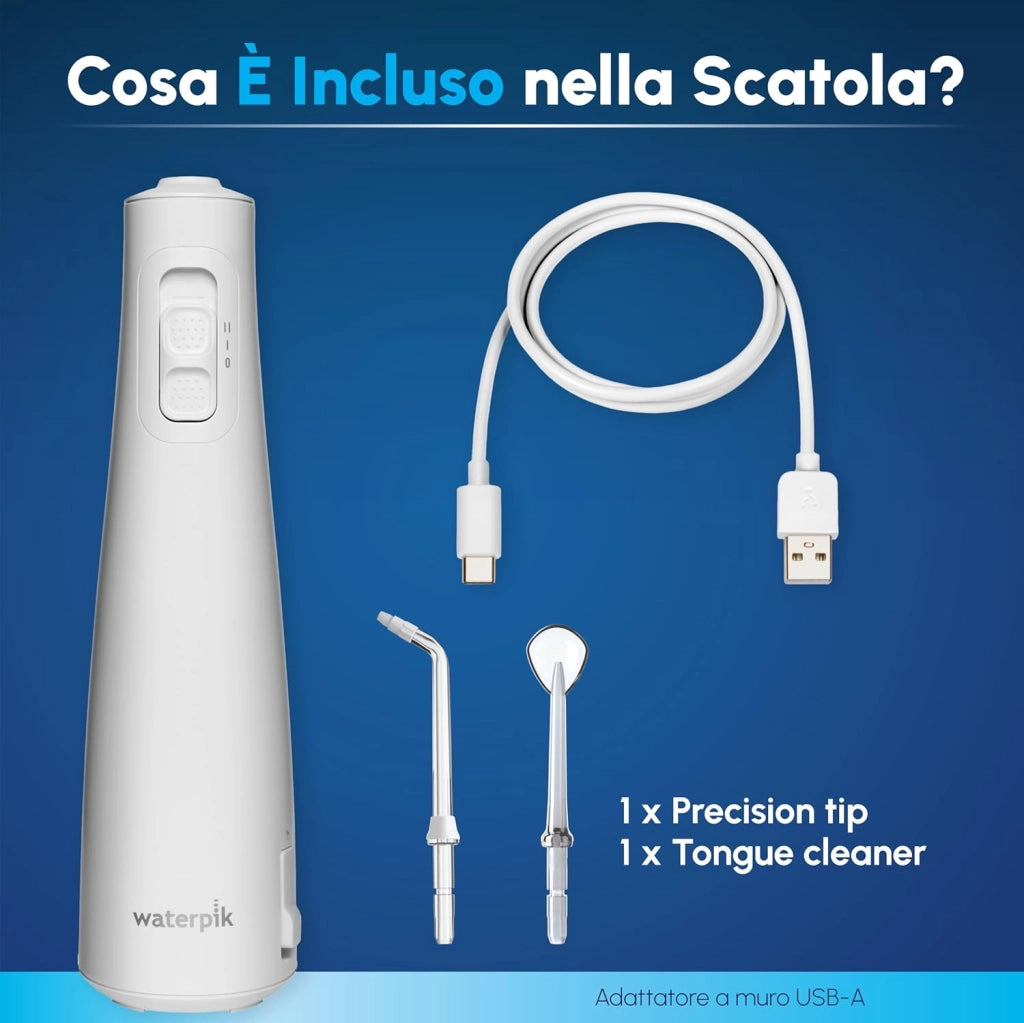 Idropulsore cordless Waterpik Pulse, approvato dalla Oral Health Foundation, idropulsore antiplacca per denti, 2 impostazioni di pressione, 45 secondi di pulizia interdentale, 2 punte incluse