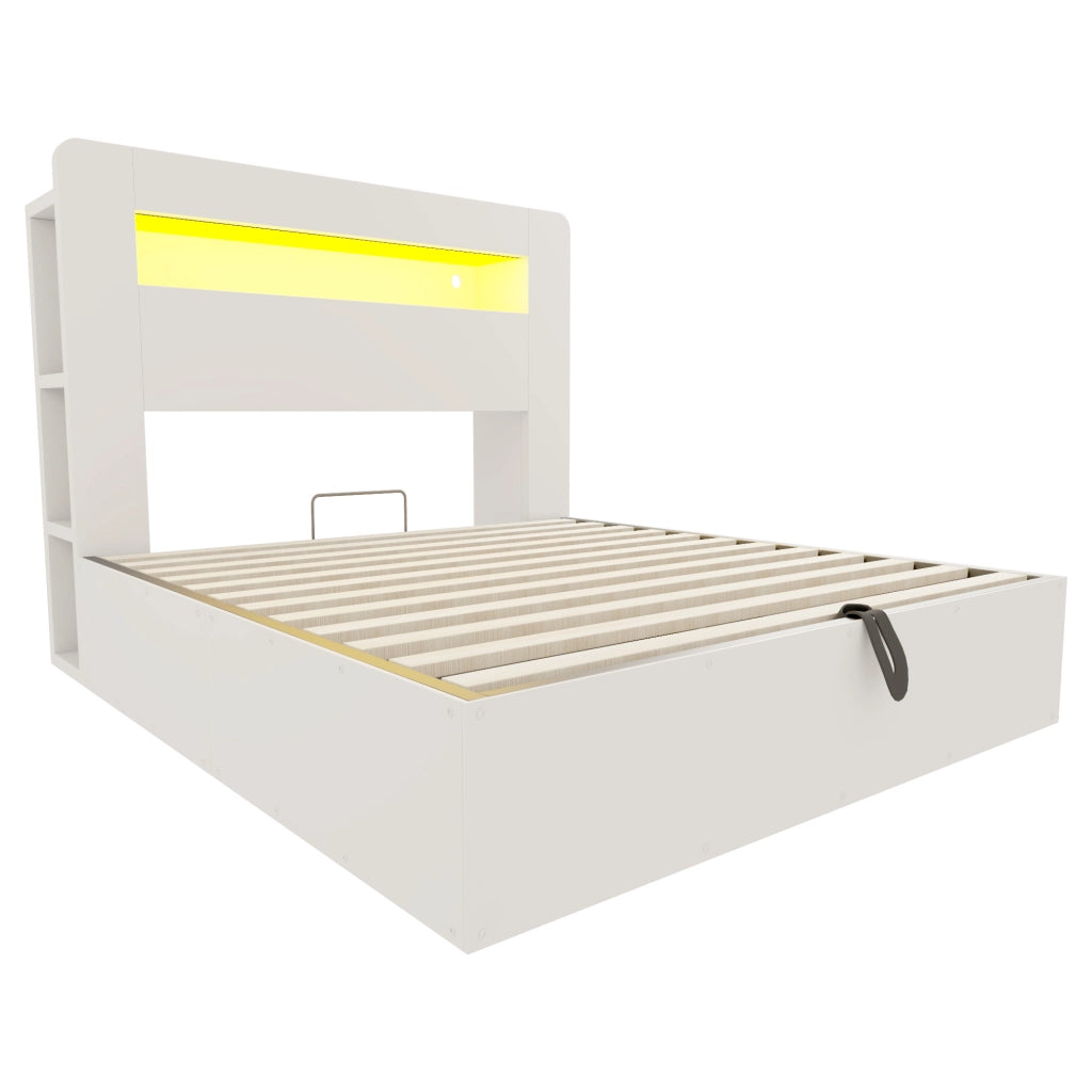Letto Contenitore 140x200 cm e 180x200 cm con LED; prese e mensole in legno bianco