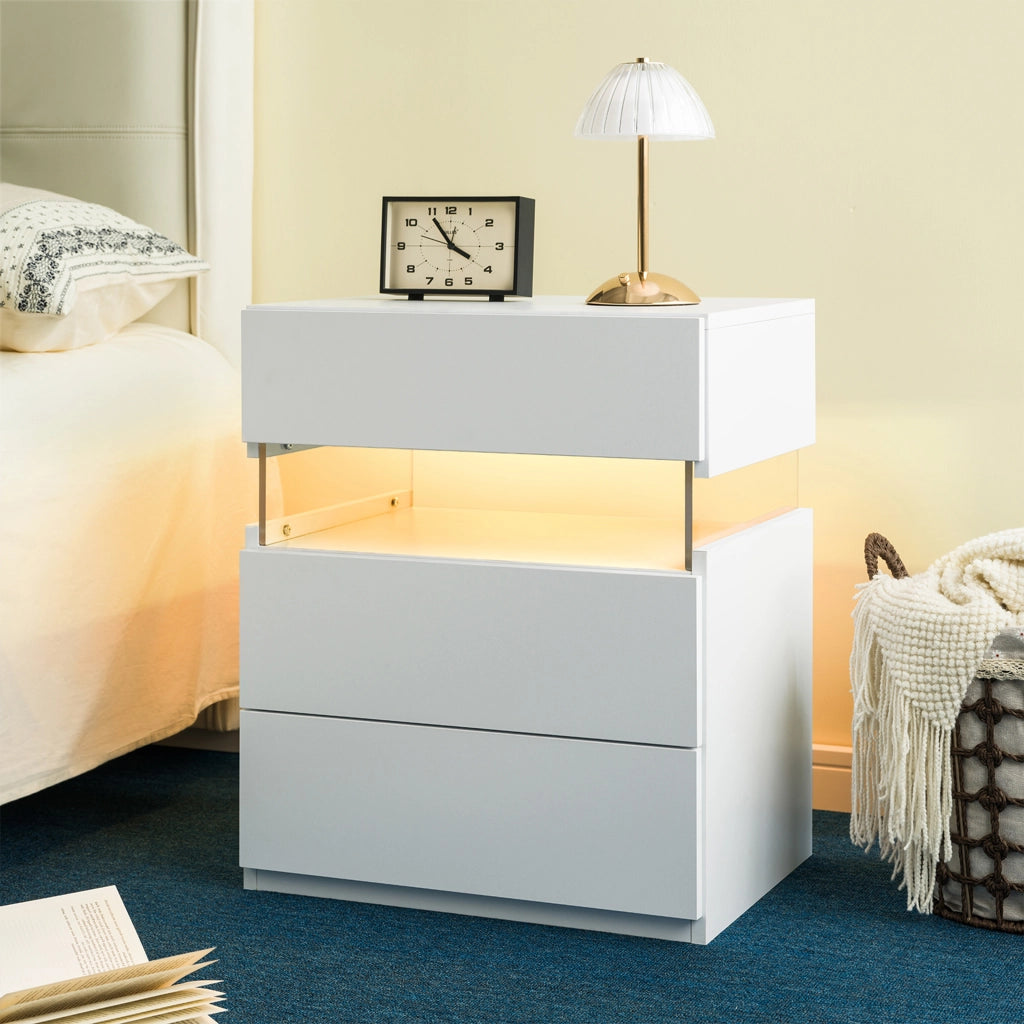 Comodino LED con 3 cassetti; pannello acrilico; per camera da letto e soggiorno; bianco