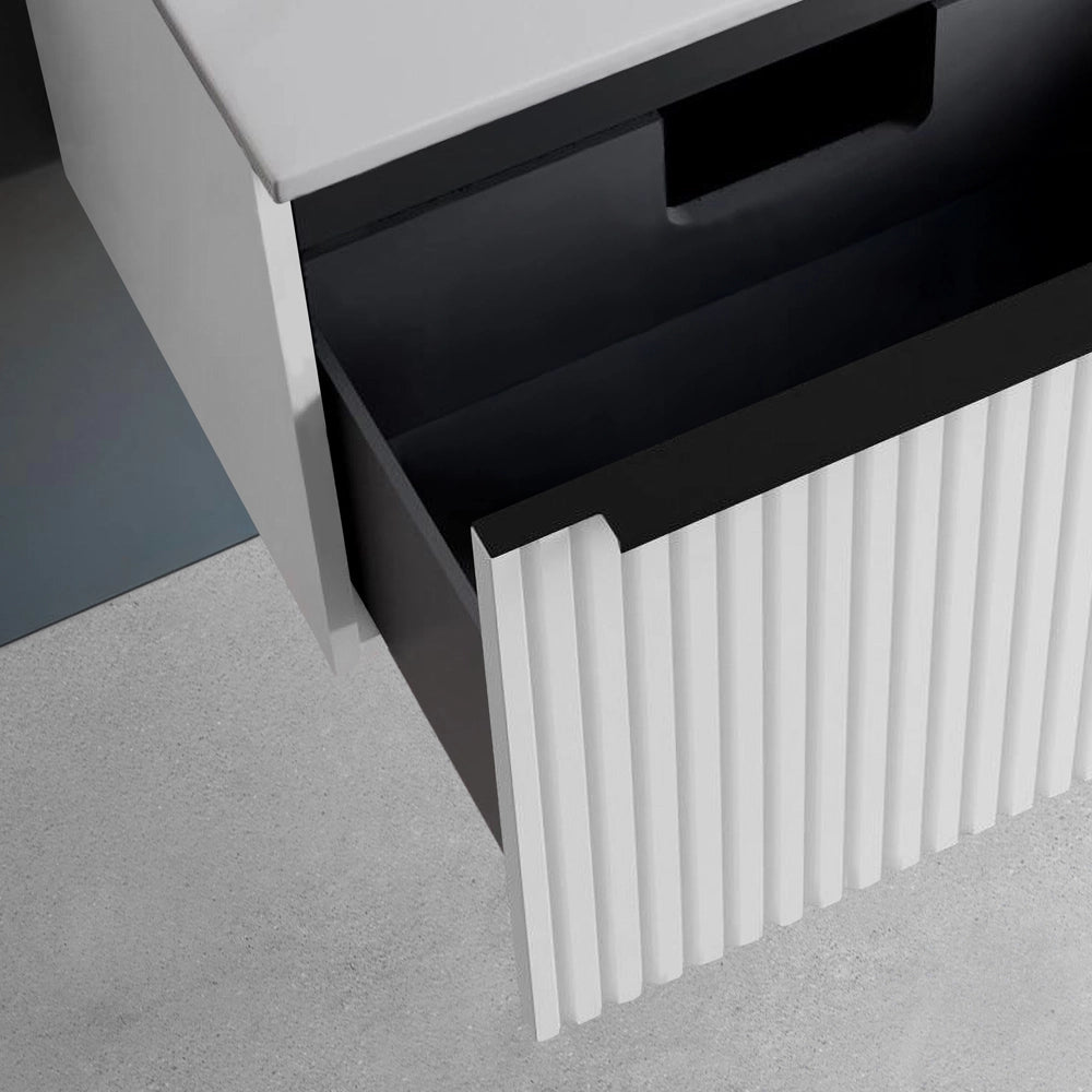 Mobile bagno sospeso 100 cm bianco opaco cannettato con cassetto e lavabo Nara