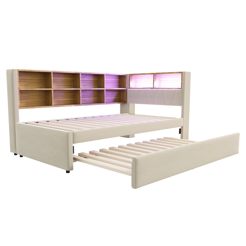 Divano letto imbottito con letto estraibile; LED; porte di ricarica e ripiani; flanella beige; 90x200 cm; senza materasso
